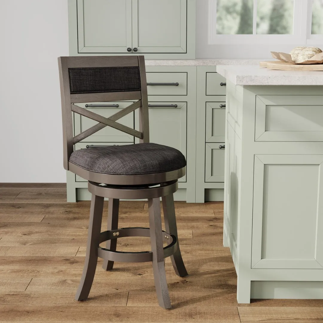 24" X-Back Swivel Stool, Weathered Gray, Charcoal Fabric Seat - Stylish & Durable