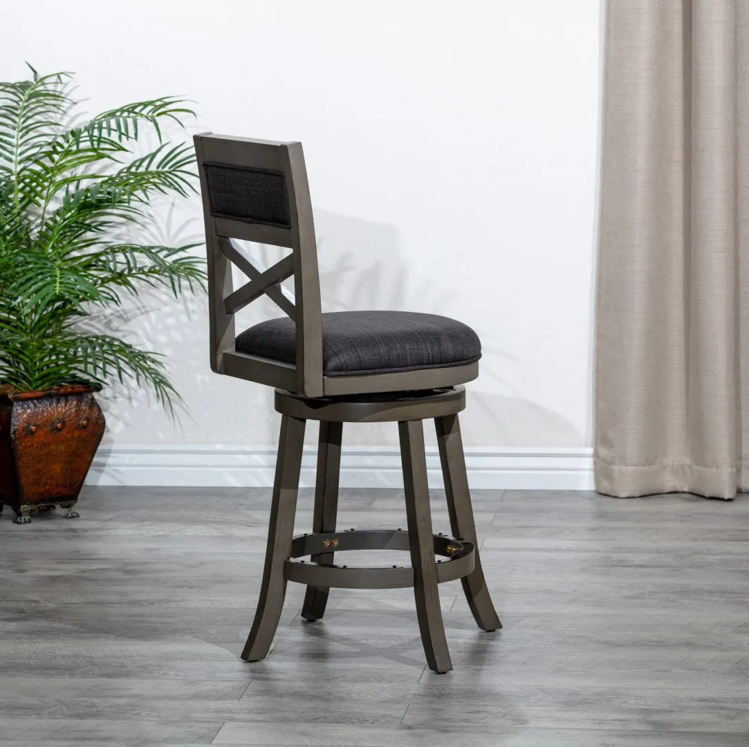 24" X-Back Swivel Stool, Weathered Gray, Charcoal Fabric Seat - Stylish & Durable