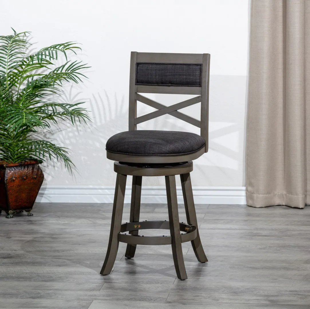 24" X-Back Swivel Stool, Weathered Gray, Charcoal Fabric Seat - Stylish & Durable