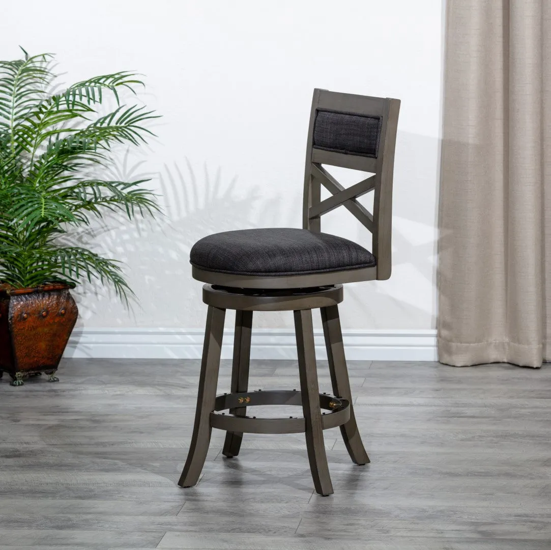 24" X-Back Swivel Stool, Weathered Gray, Charcoal Fabric Seat - Stylish & Durable