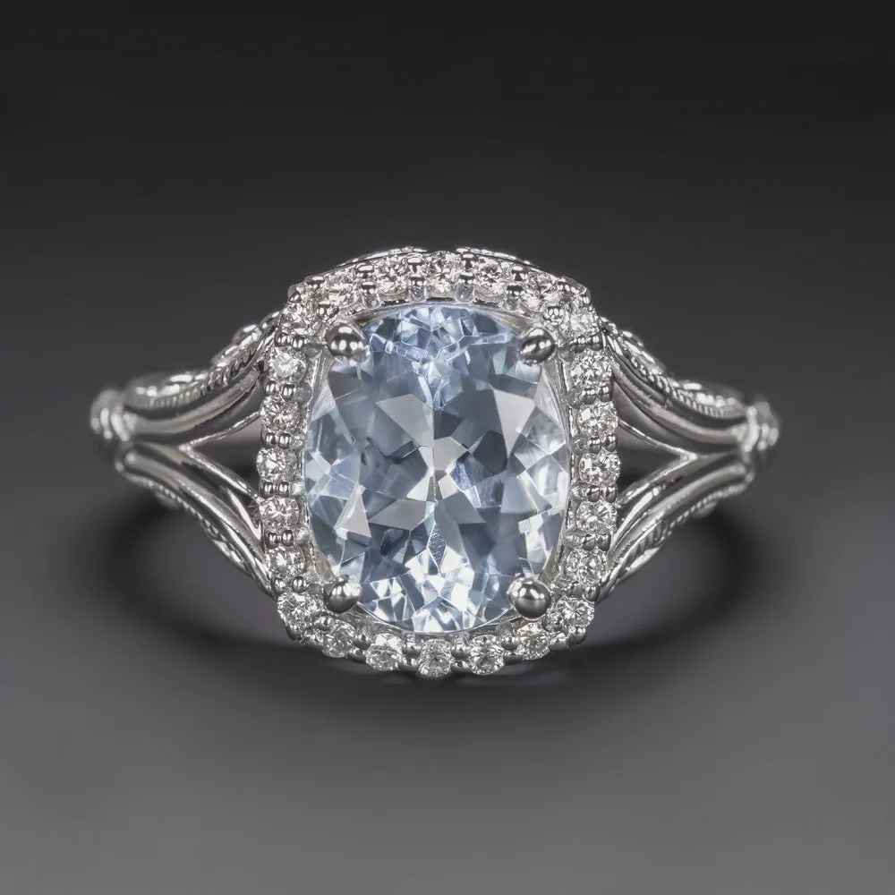 2.5ct AQUAMARINE DIAMOND COCKTAIL RING VINTAGE STYLE HALO 14k WHITE GOLD CUSHION