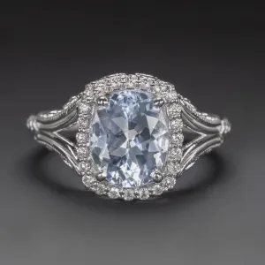 2.5ct AQUAMARINE DIAMOND COCKTAIL RING VINTAGE STYLE HALO 14k WHITE GOLD CUSHION