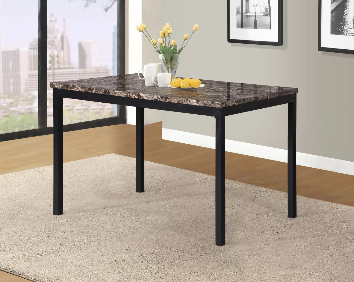 5-Piece Metal Dinette Set with Gray Faux Marble Top, Compact Design