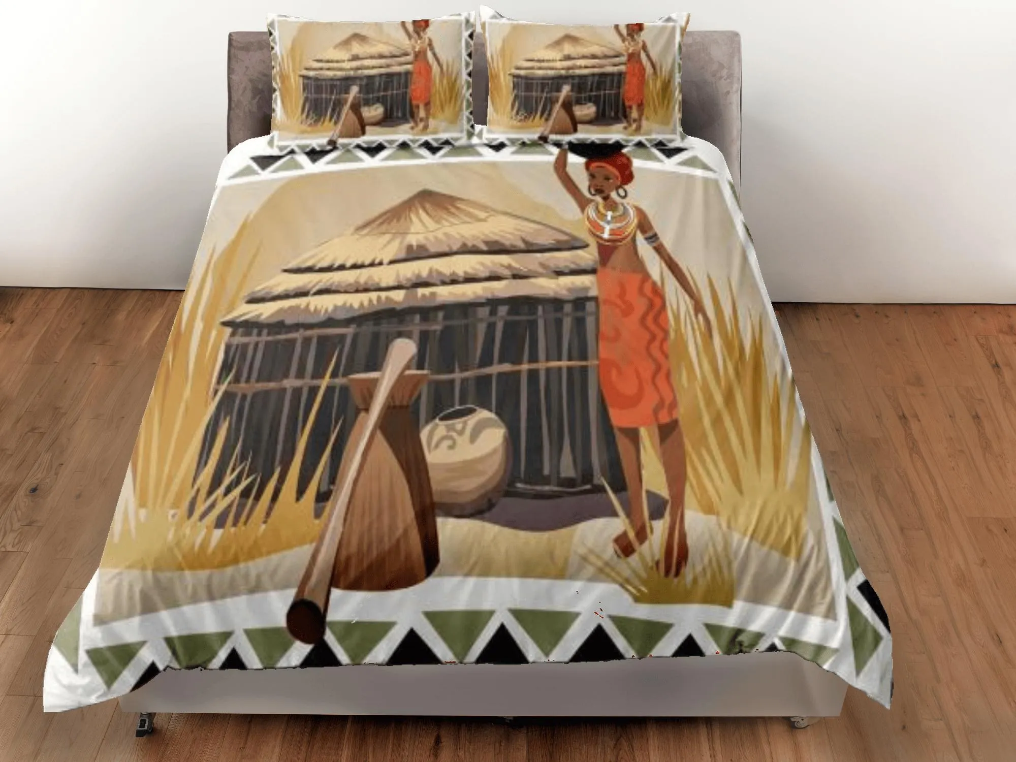 African woman painting bedding set duvet cover, boho bedding, african ethnic designs, afrocentric art designer bedding, south african gift