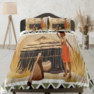 African woman painting bedding set duvet cover, boho bedding, african ethnic designs, afrocentric art designer bedding, south african gift