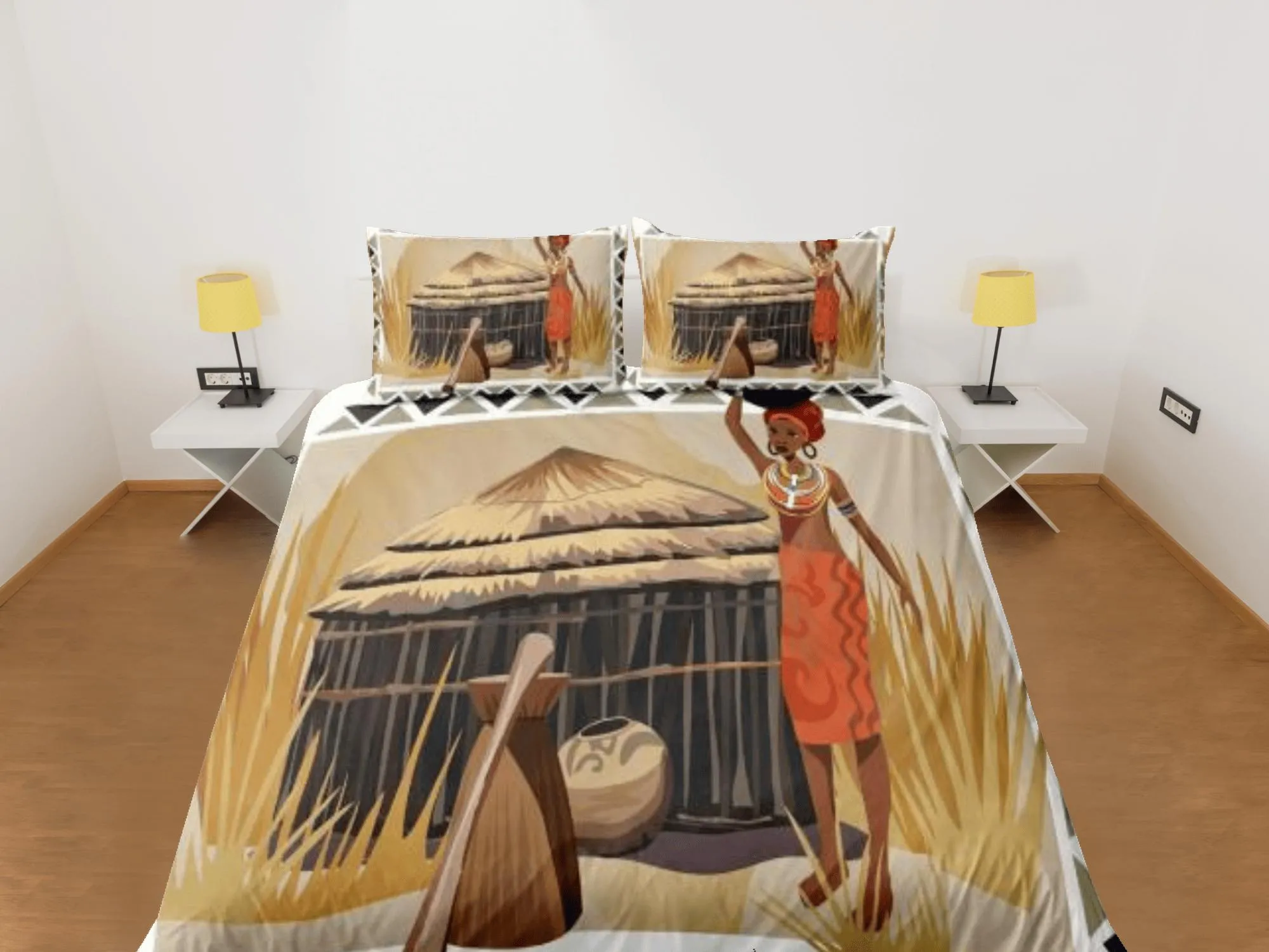 African woman painting bedding set duvet cover, boho bedding, african ethnic designs, afrocentric art designer bedding, south african gift
