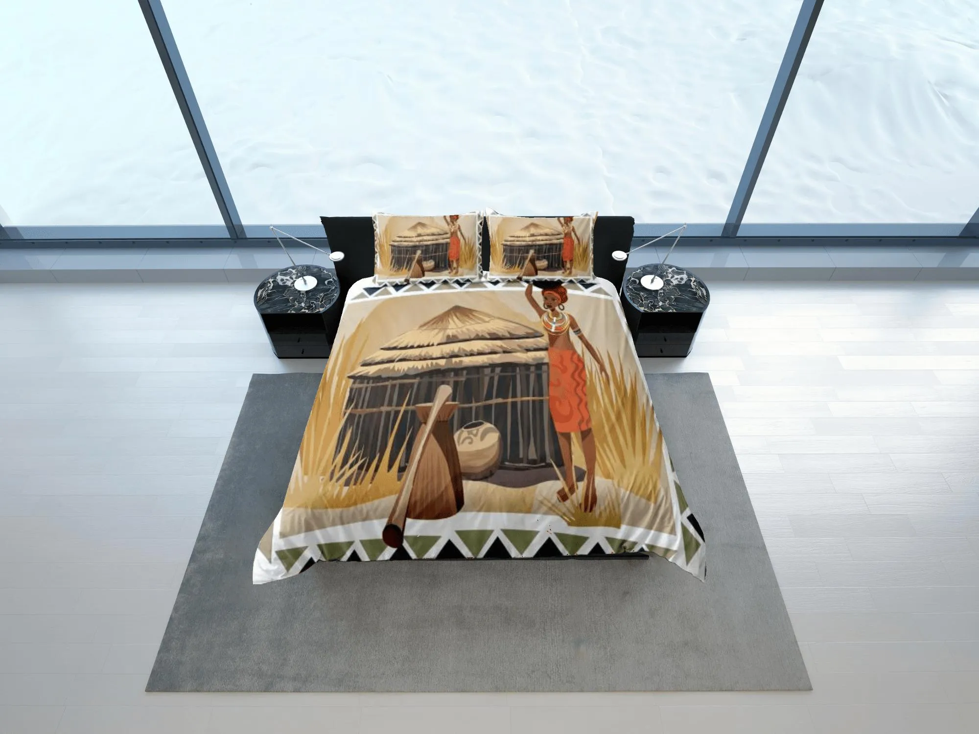 African woman painting bedding set duvet cover, boho bedding, african ethnic designs, afrocentric art designer bedding, south african gift
