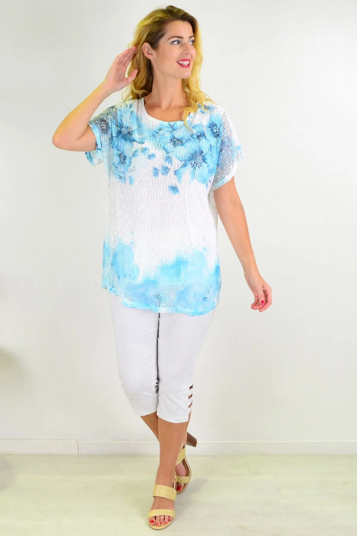 Aqua Floral Net Tunic Top