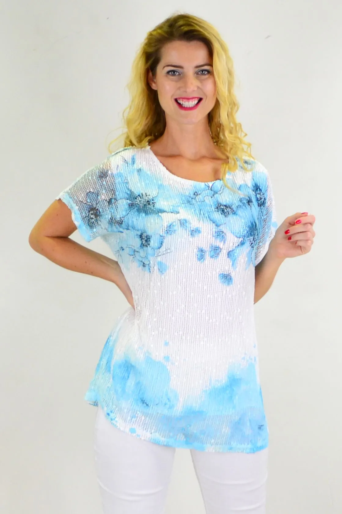 Aqua Floral Net Tunic Top