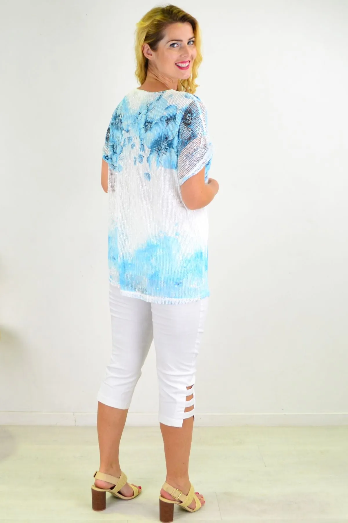 Aqua Floral Net Tunic Top