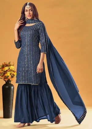 Azure Blue Embroidered Indian Designer Gharara Suit
