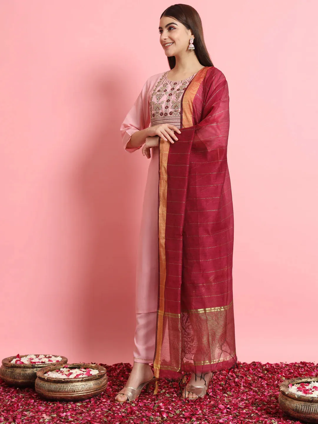 Baby Pink Premium Designer Pant Suit With Embroidery Work