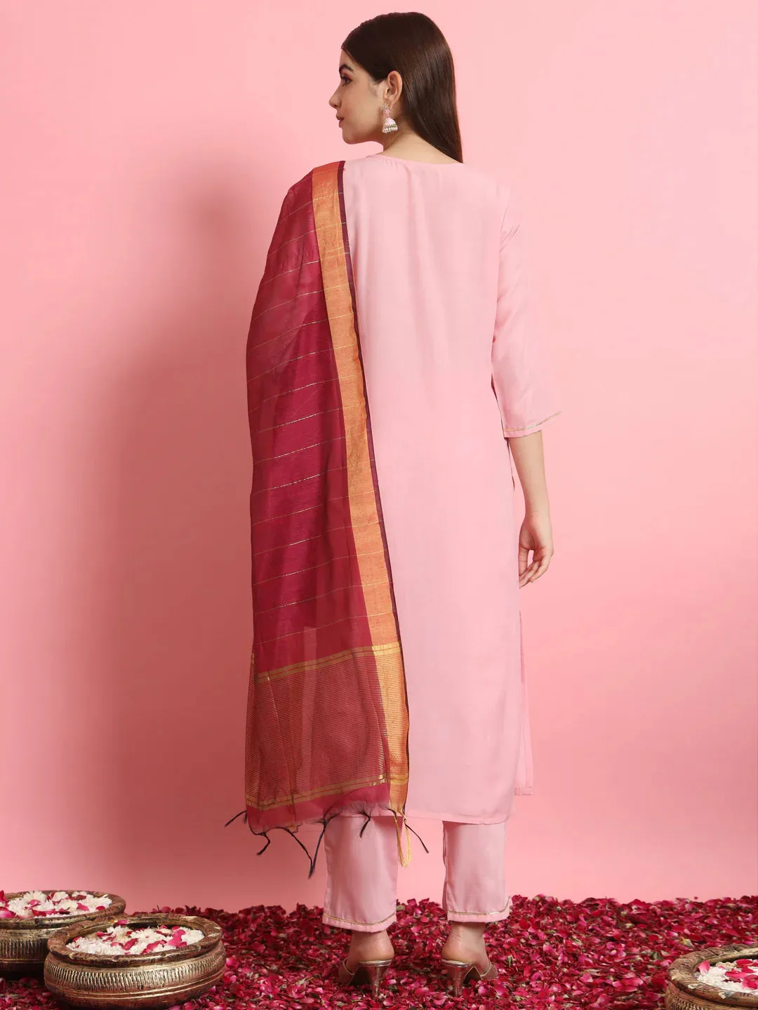 Baby Pink Premium Designer Pant Suit With Embroidery Work