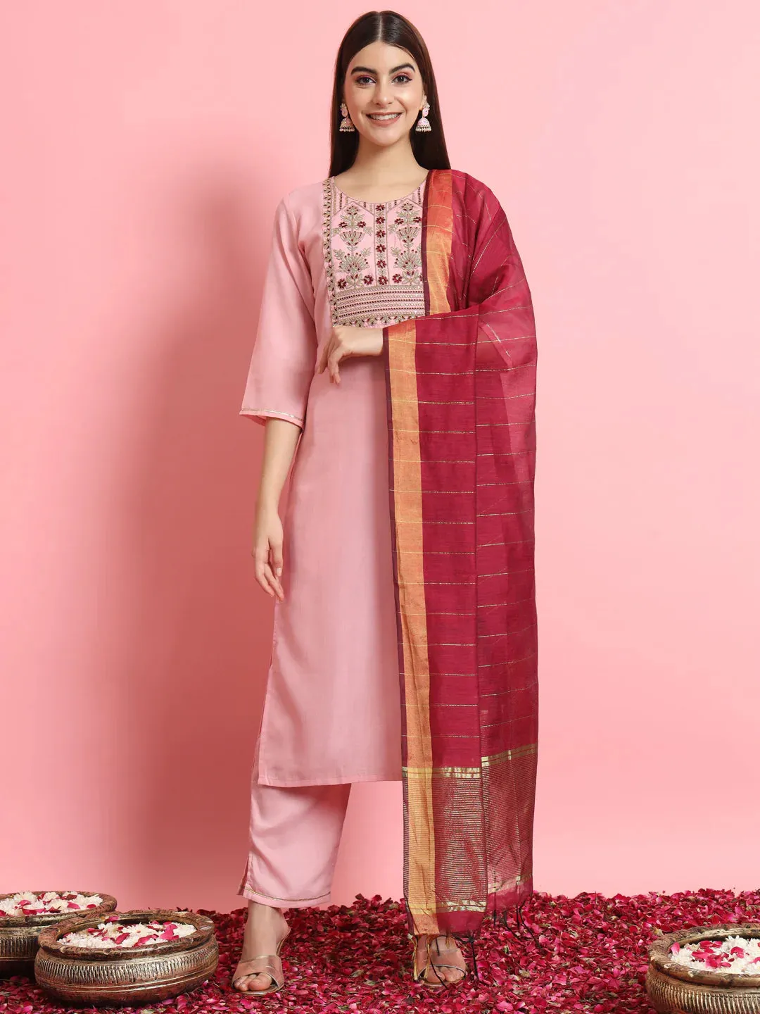 Baby Pink Premium Designer Pant Suit With Embroidery Work