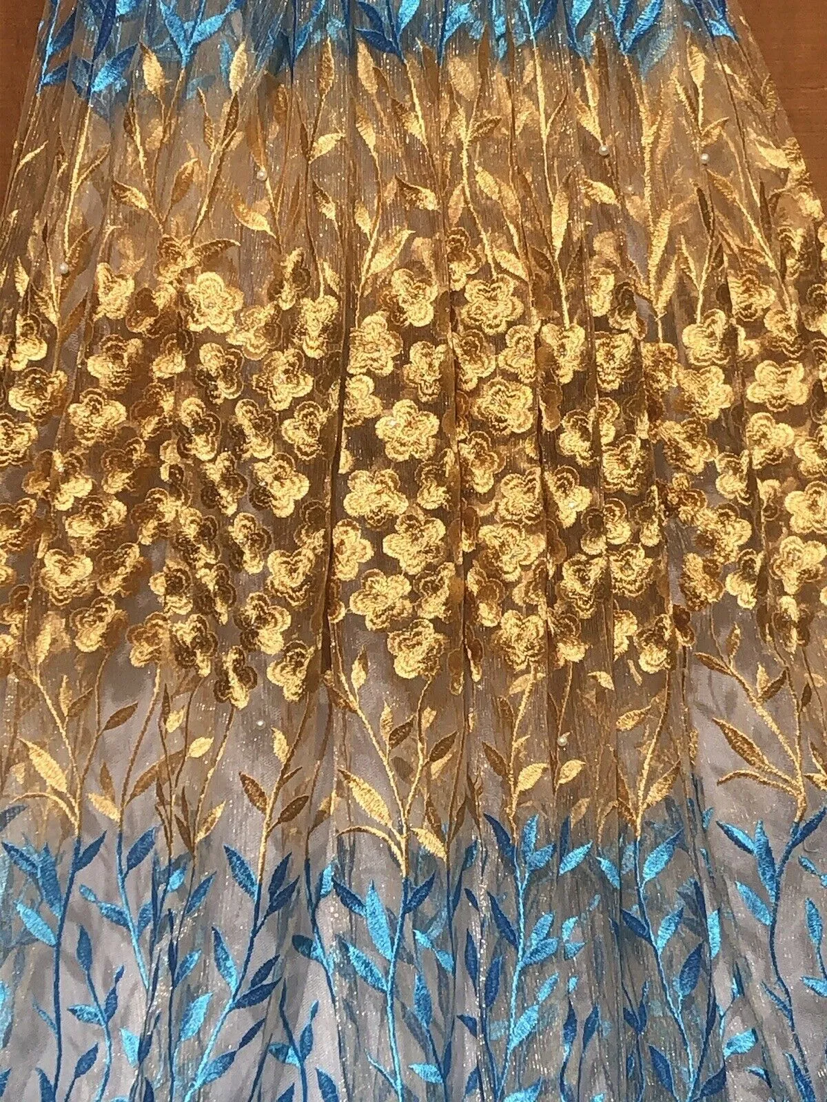 Blue And Gold Lace With Embroidered Flowers and Sparkly Beads Accents