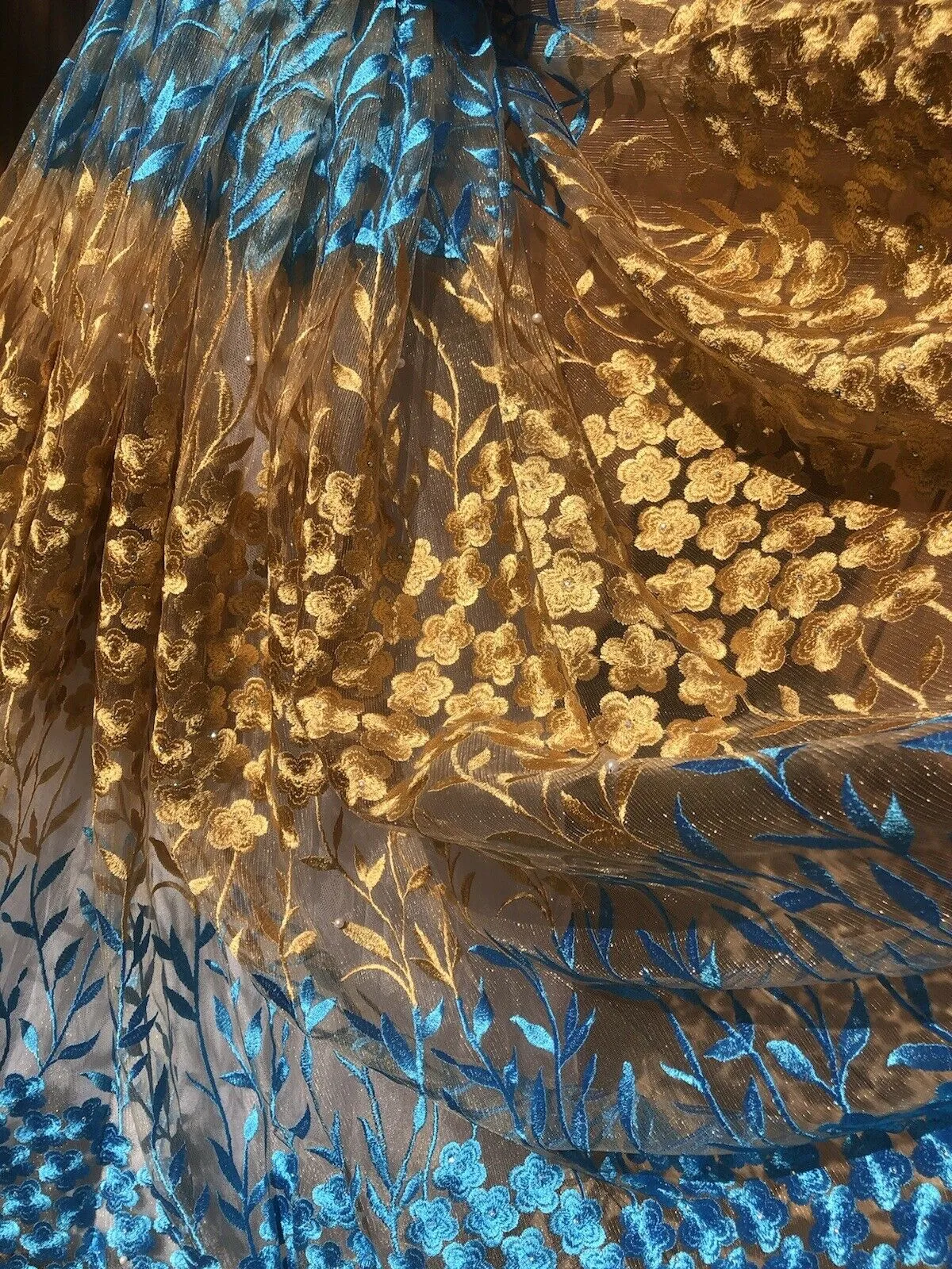 Blue And Gold Lace With Embroidered Flowers and Sparkly Beads Accents