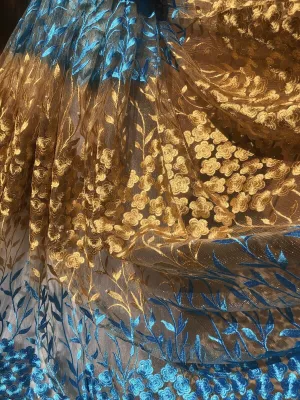Blue And Gold Lace With Embroidered Flowers and Sparkly Beads Accents