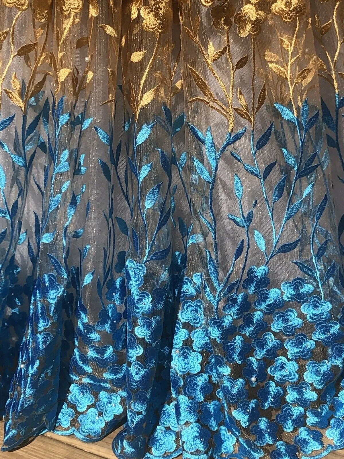 Blue And Gold Lace With Embroidered Flowers and Sparkly Beads Accents