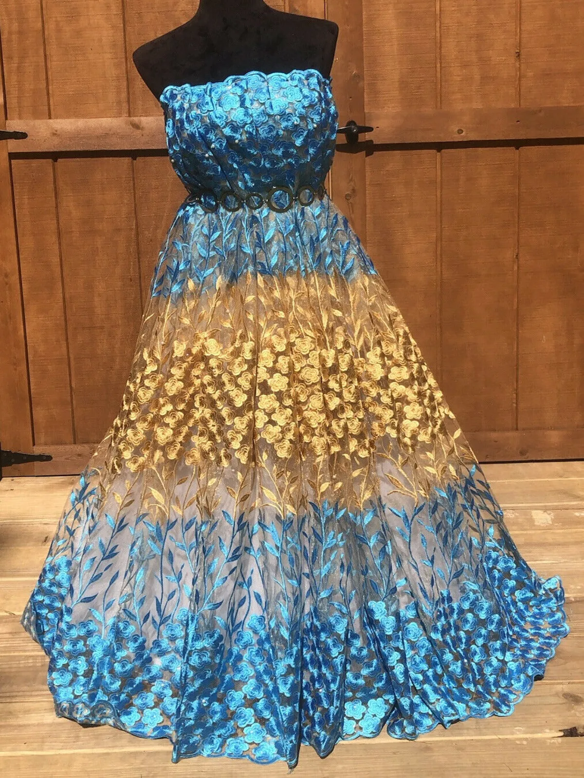 Blue And Gold Lace With Embroidered Flowers and Sparkly Beads Accents