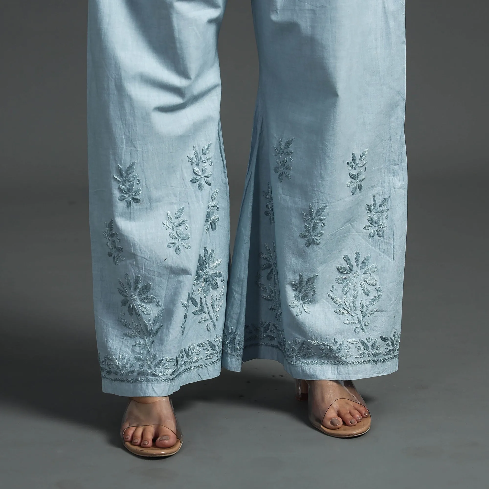 Blue - Lucknow Chikankari Hand Embroidery Cotton Palazzo (Free Size)