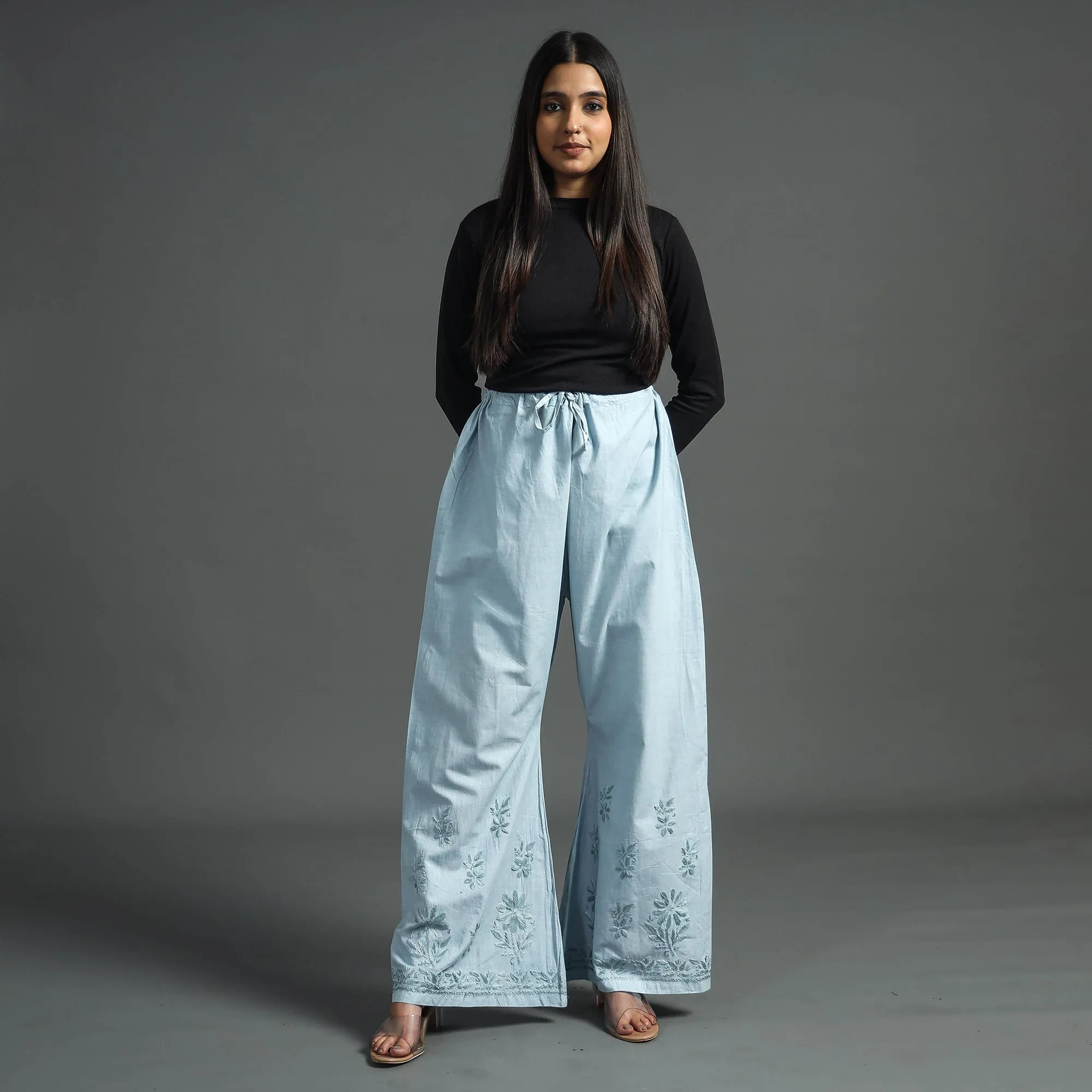 Blue - Lucknow Chikankari Hand Embroidery Cotton Palazzo (Free Size)