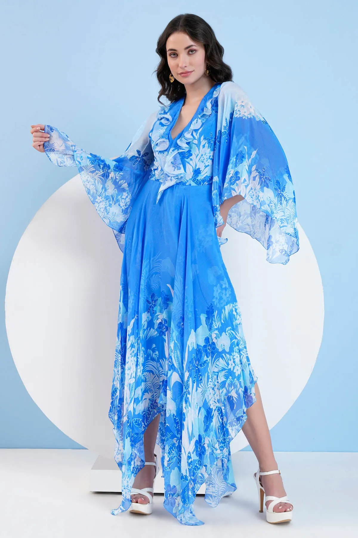 Blue Printed High Low Dress