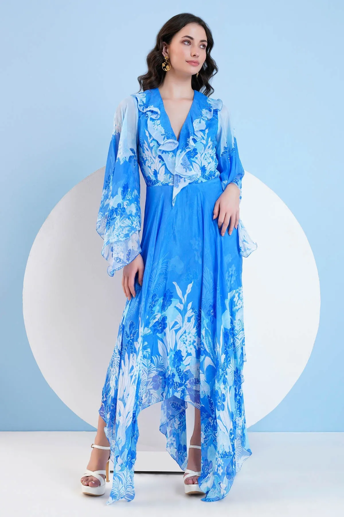 Blue Printed High Low Dress