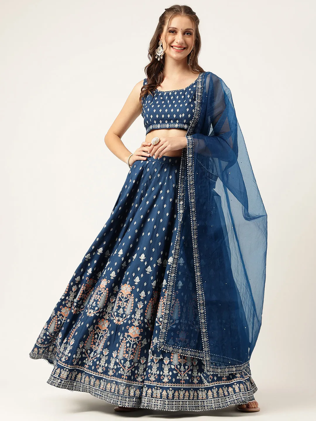 Blue Rayon Flared Lehenga Choli Set with Organza Dupatta