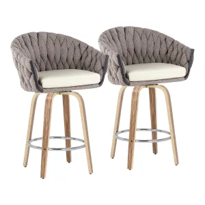 Braided Matisse Contemporary Fixed-Height Counter Stool with Zebra Wood Legs with Grey Fabric and Cream Faux Leather - Set of 2