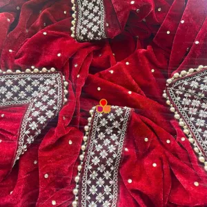 Bridal Firdaus Maroon Embroidered Stone Velvet Dupatta
