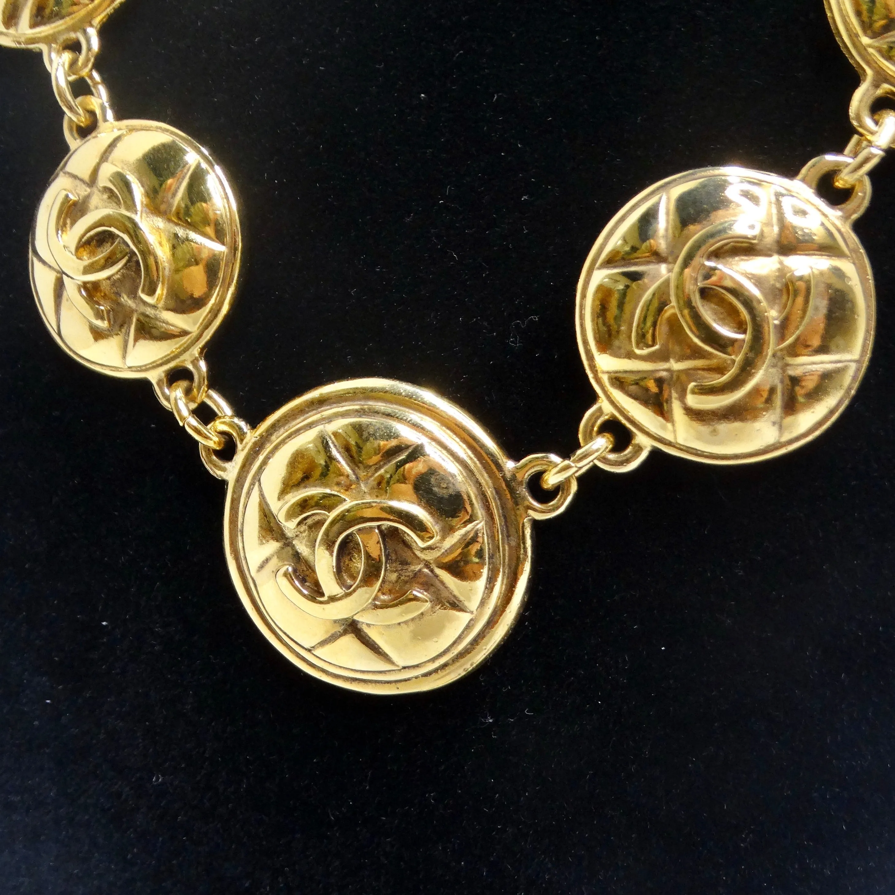 Chanel 1980s Gold Tone Logo Quilted Medallion Necklace