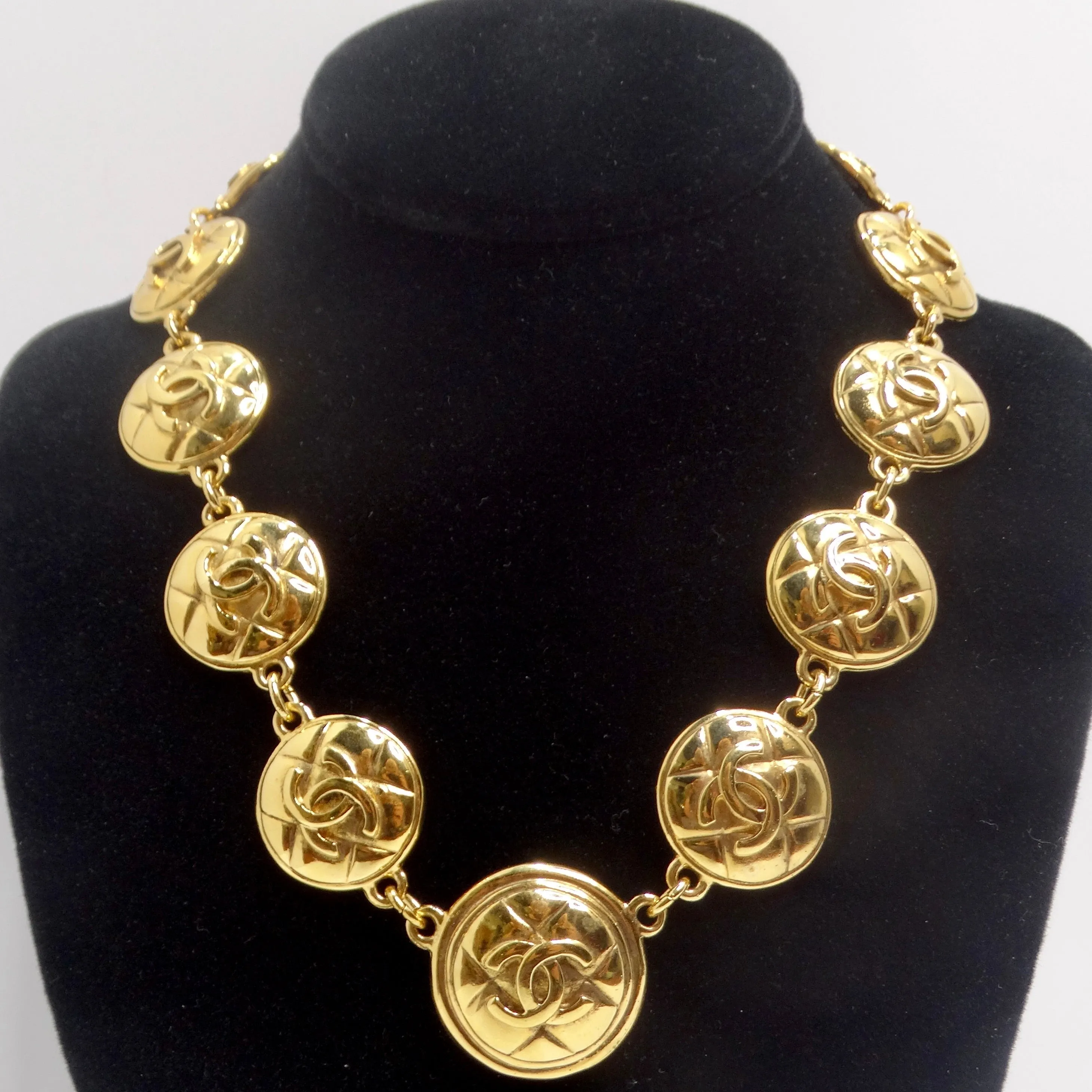 Chanel 1980s Gold Tone Logo Quilted Medallion Necklace