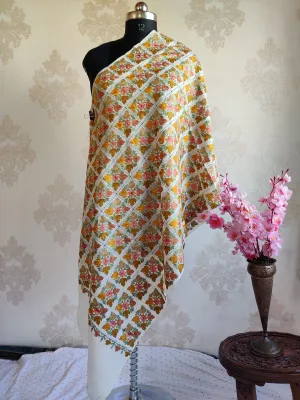 Chic Aari Cutwork Floral-Embroidered White Merino Wool Scarf