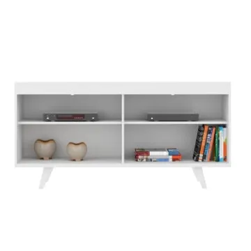 Coco 58 Inch Handcrafted Wood TV Media Entertainment Center Console, 4 Open Compartments, Angled Legs, White By The Urban Port