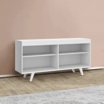 Coco 58 Inch Handcrafted Wood TV Media Entertainment Center Console, 4 Open Compartments, Angled Legs, White By The Urban Port