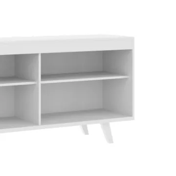 Coco 58 Inch Handcrafted Wood TV Media Entertainment Center Console, 4 Open Compartments, Angled Legs, White By The Urban Port