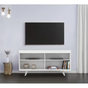 Coco 58 Inch Handcrafted Wood TV Media Entertainment Center Console, 4 Open Compartments, Angled Legs, White By The Urban Port