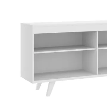 Coco 58 Inch Handcrafted Wood TV Media Entertainment Center Console, 4 Open Compartments, Angled Legs, White By The Urban Port