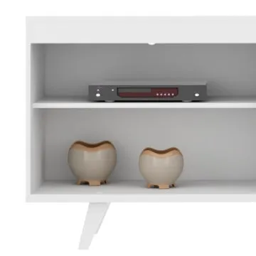 Coco 58 Inch Handcrafted Wood TV Media Entertainment Center Console, 4 Open Compartments, Angled Legs, White By The Urban Port