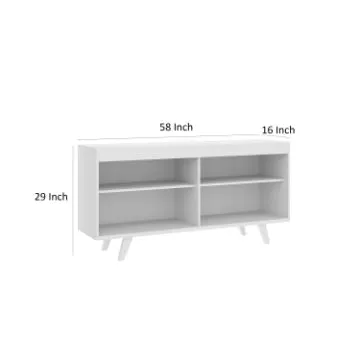 Coco 58 Inch Handcrafted Wood TV Media Entertainment Center Console, 4 Open Compartments, Angled Legs, White By The Urban Port