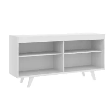 Coco 58 Inch Handcrafted Wood TV Media Entertainment Center Console, 4 Open Compartments, Angled Legs, White By The Urban Port