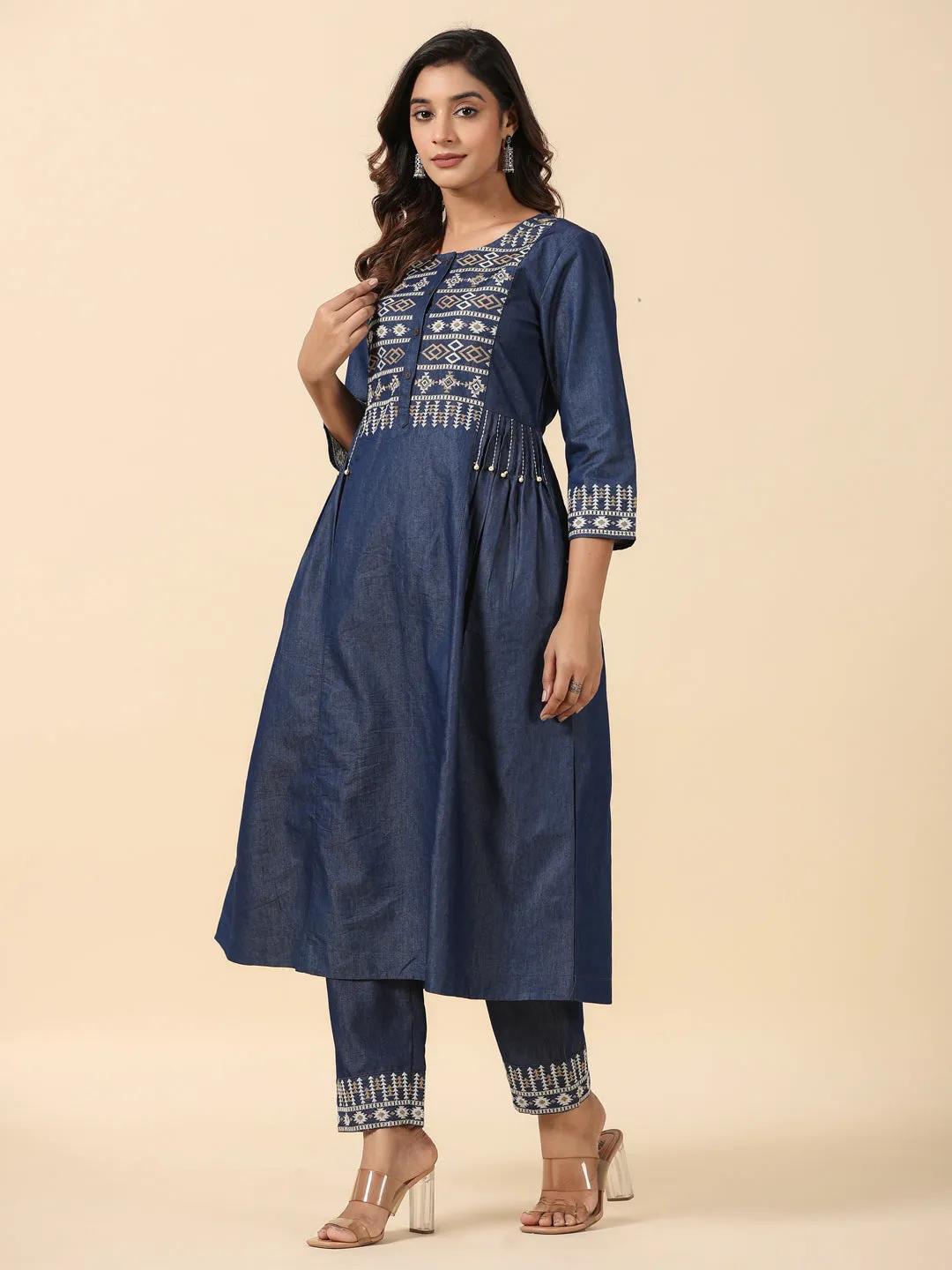 Denim Blue A Line Embroidered Kurta Pant Set