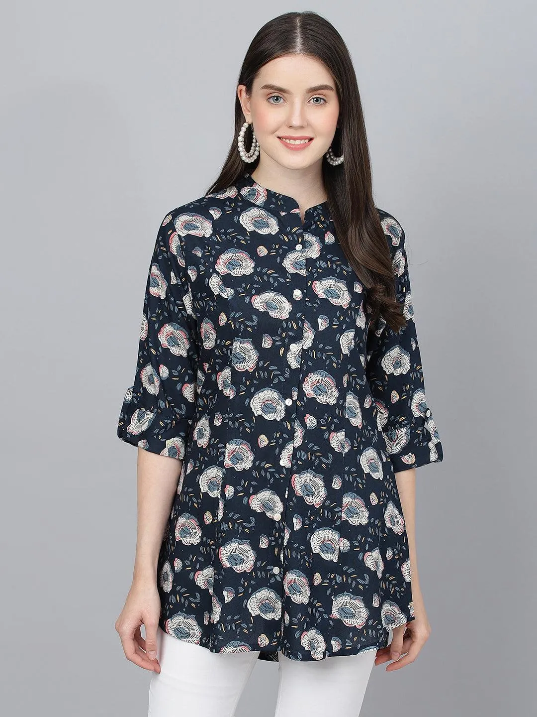 Divena Blue Floral printed Rayon A-line Shirts Style Top