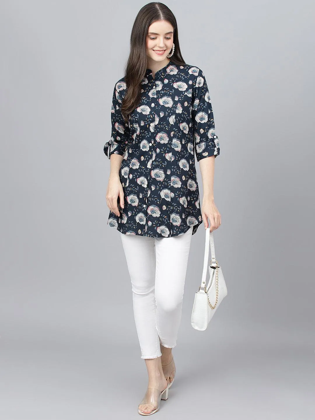 Divena Blue Floral printed Rayon A-line Shirts Style Top