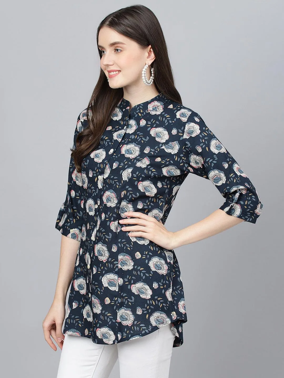 Divena Blue Floral printed Rayon A-line Shirts Style Top