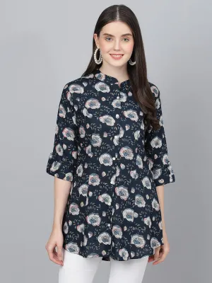 Divena Blue Floral printed Rayon A-line Shirts Style Top