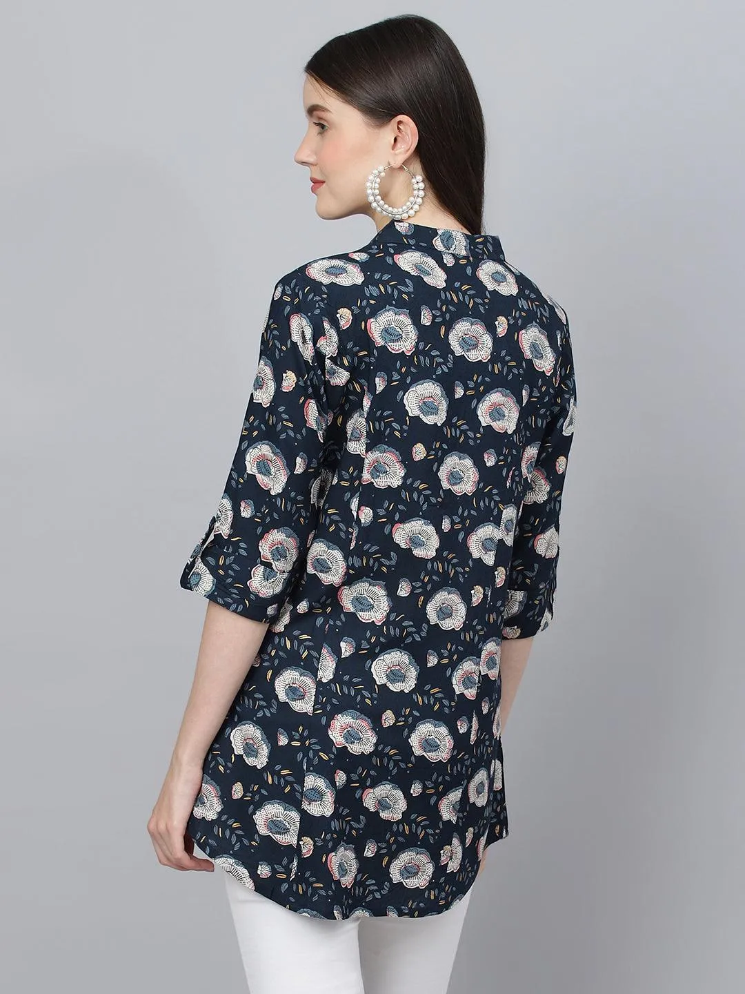 Divena Blue Floral printed Rayon A-line Shirts Style Top