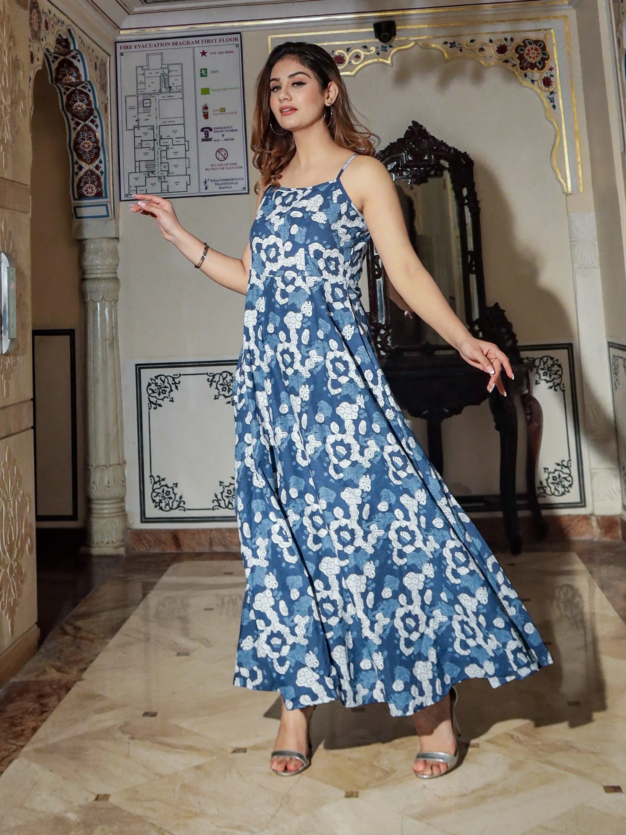 Divena Indigo Print Cotton Long Dress
