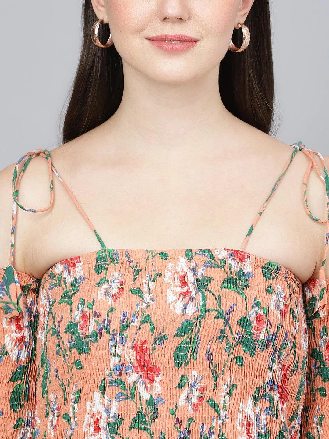 Divena Peach Floral Printed Shoulder Strips Flared Long Dress