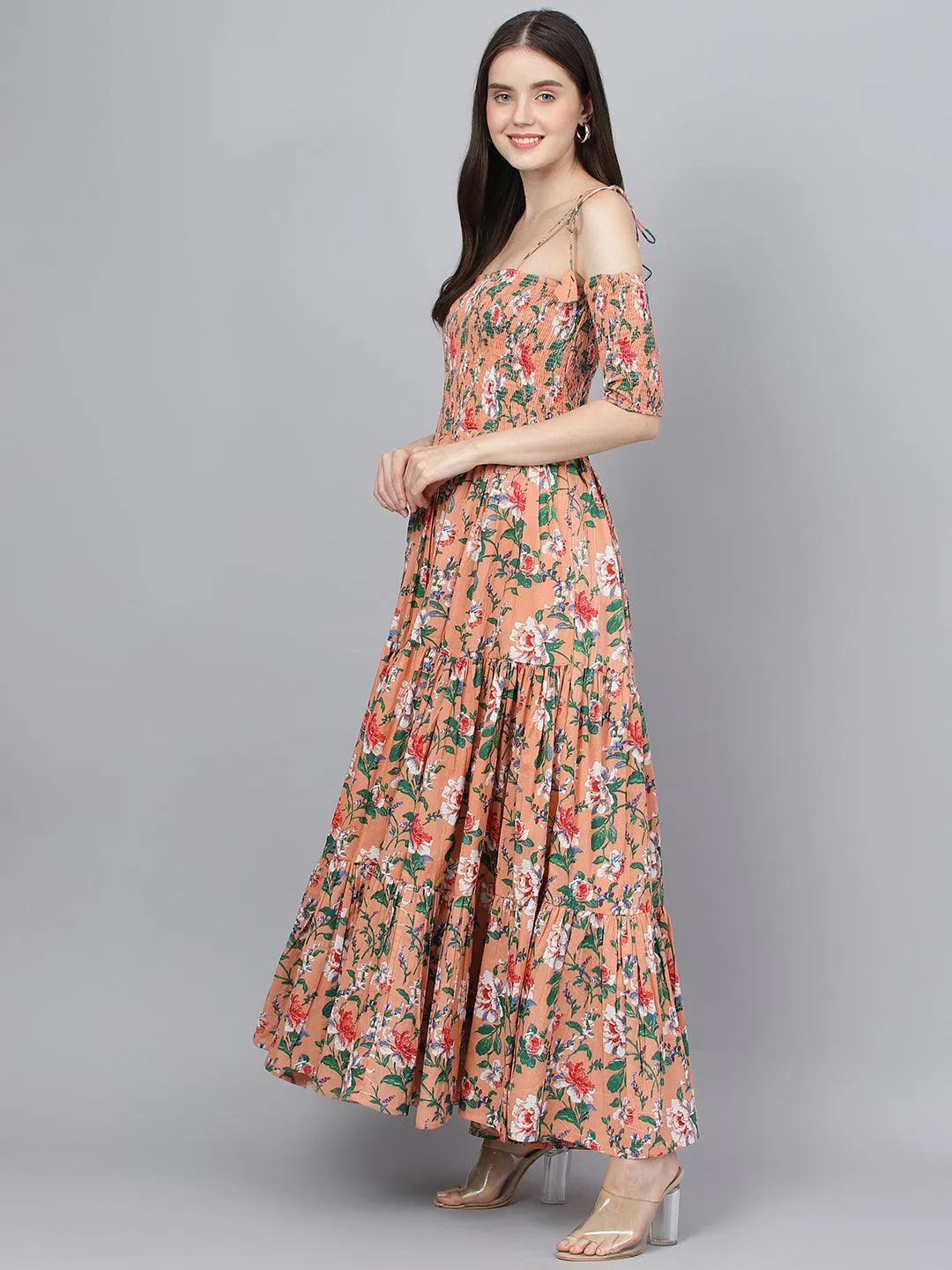 Divena Peach Floral Printed Shoulder Strips Flared Long Dress